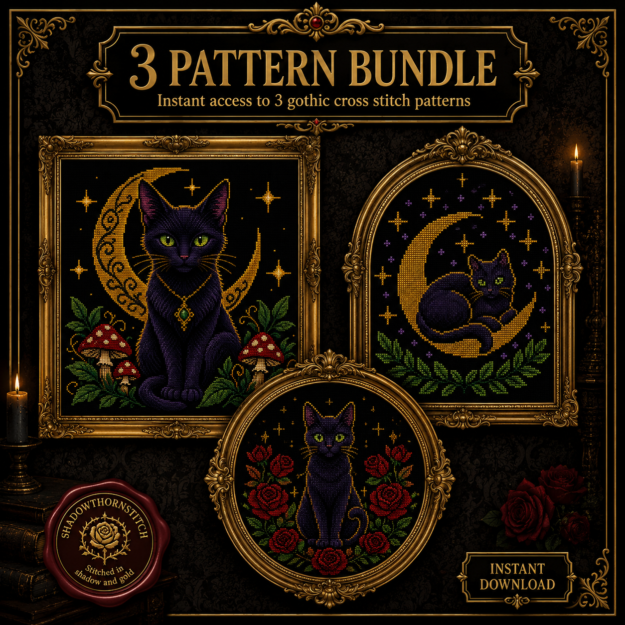 Black Cat cross stitch pattern bundle - 02-witchy-black-cat-cross-stitch