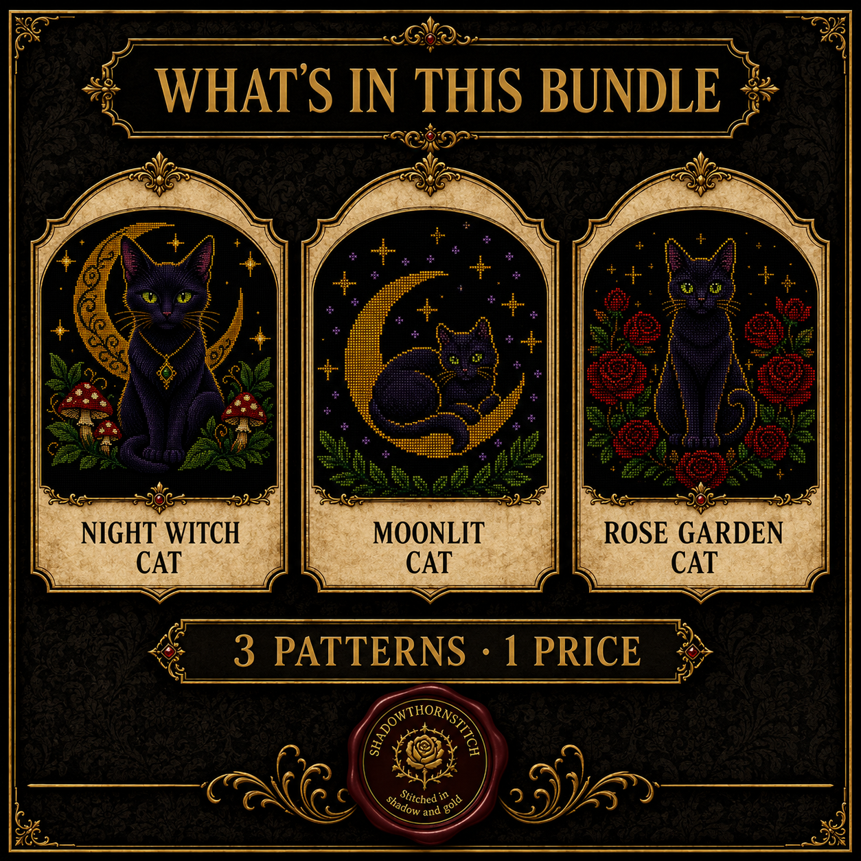 Black Cat cross stitch pattern bundle - 03-gothic-cat-cross-stitch-set