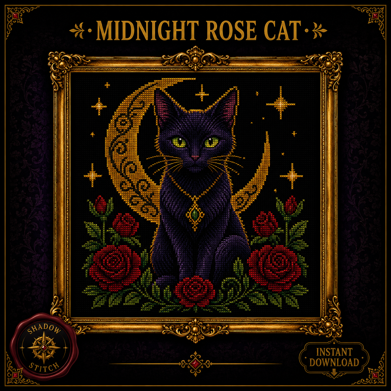 Black Cat cross stitch pattern bundle - 05-moon-black-cat-cross-stitch-pdf