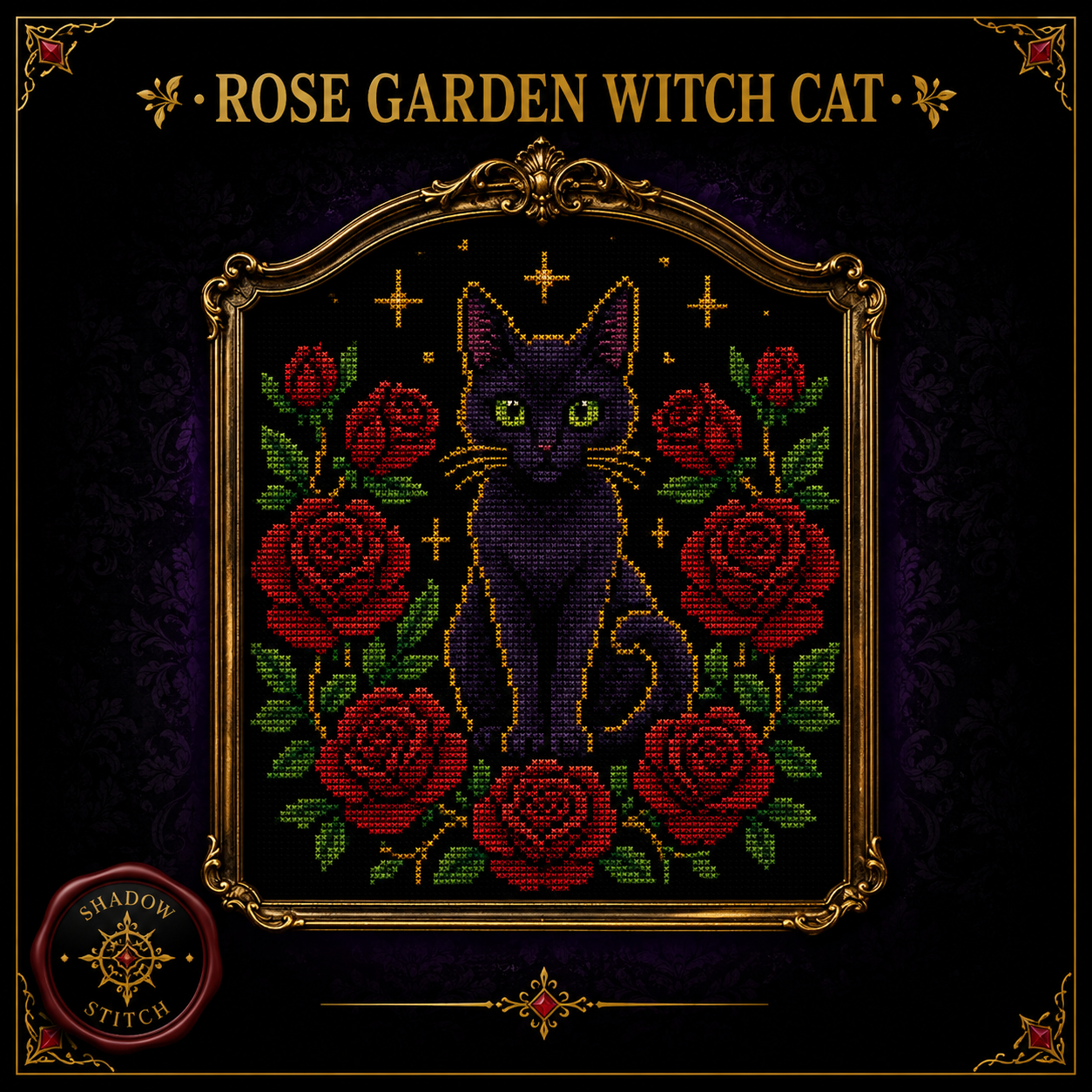 Black Cat cross stitch pattern bundle - 06-black-cat-roses-cross-stitch-pdf