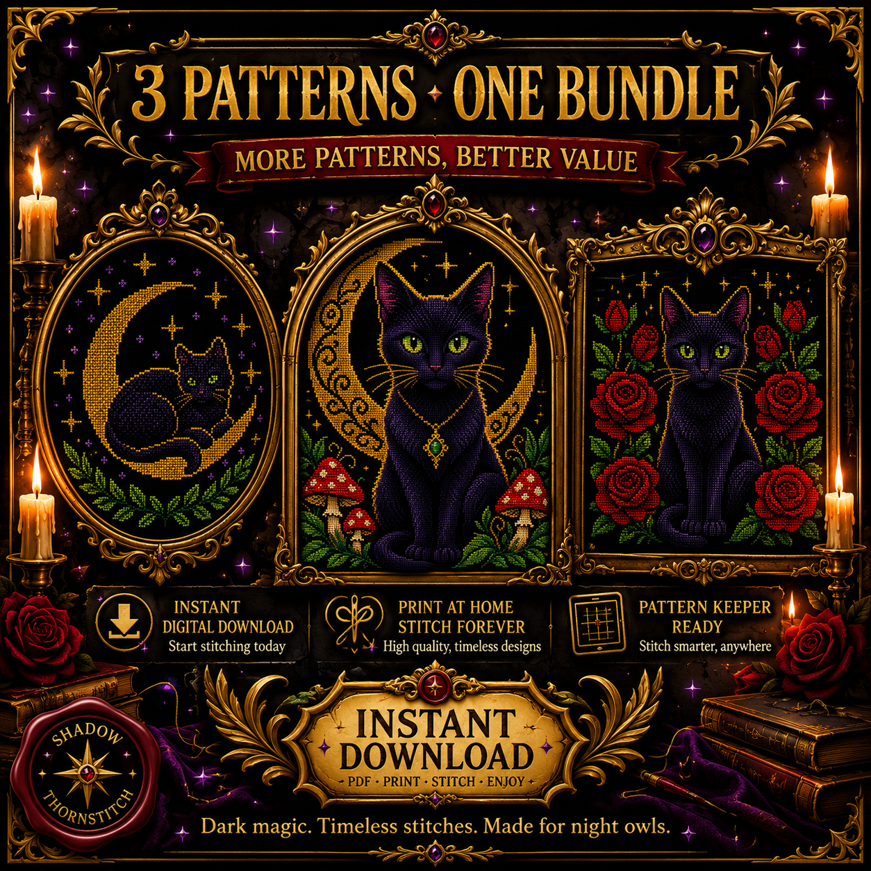 Black Cat cross stitch pattern bundle - 10-halloween-black-cat-cross-stitch