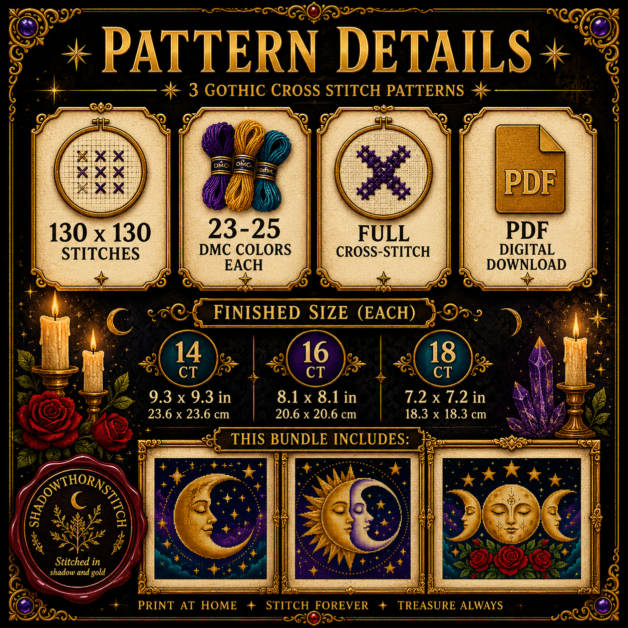 Celestial cross stitch pattern bundle - 07-gothic-moon-cross-stitch-chart