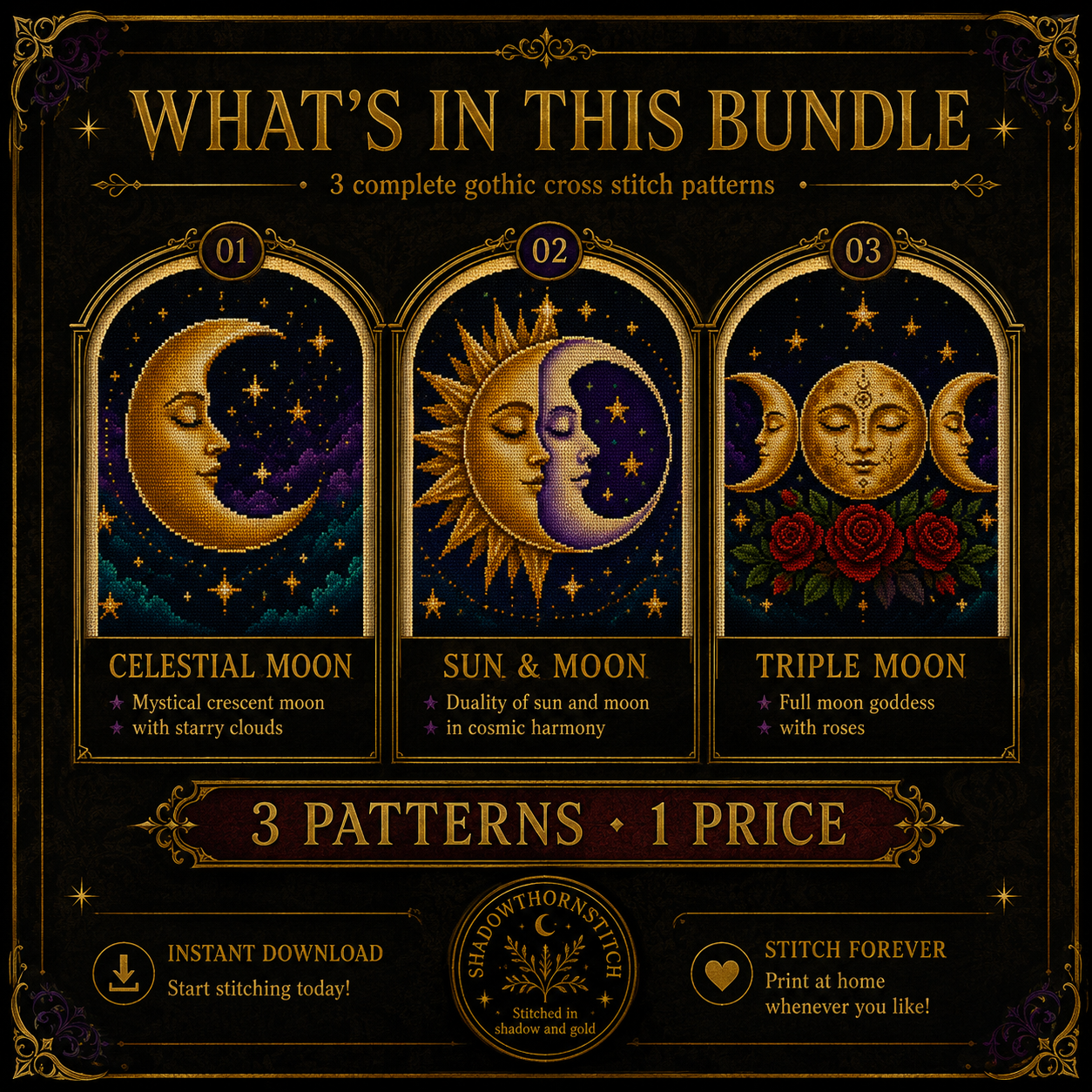 Celestial cross stitch pattern bundle - 11-occult-moon-cross-stitch-bundle