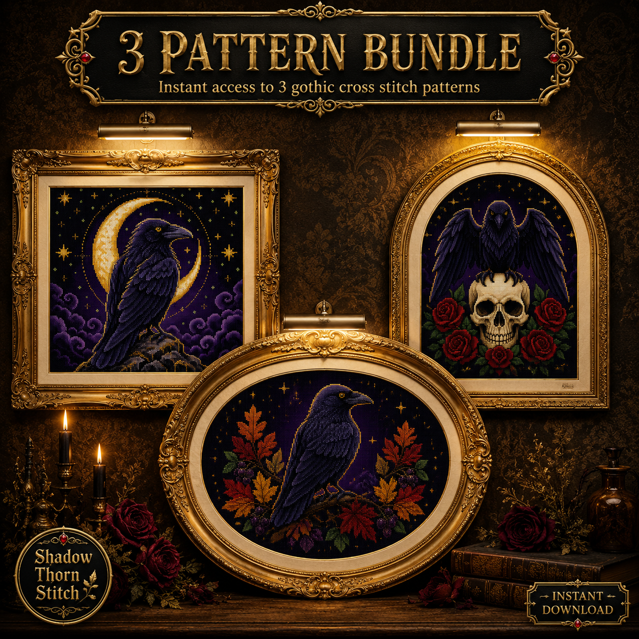 Gothic Raven cross stitch pattern bundle - 01-raven-cross-stitch-pattern-bundle
