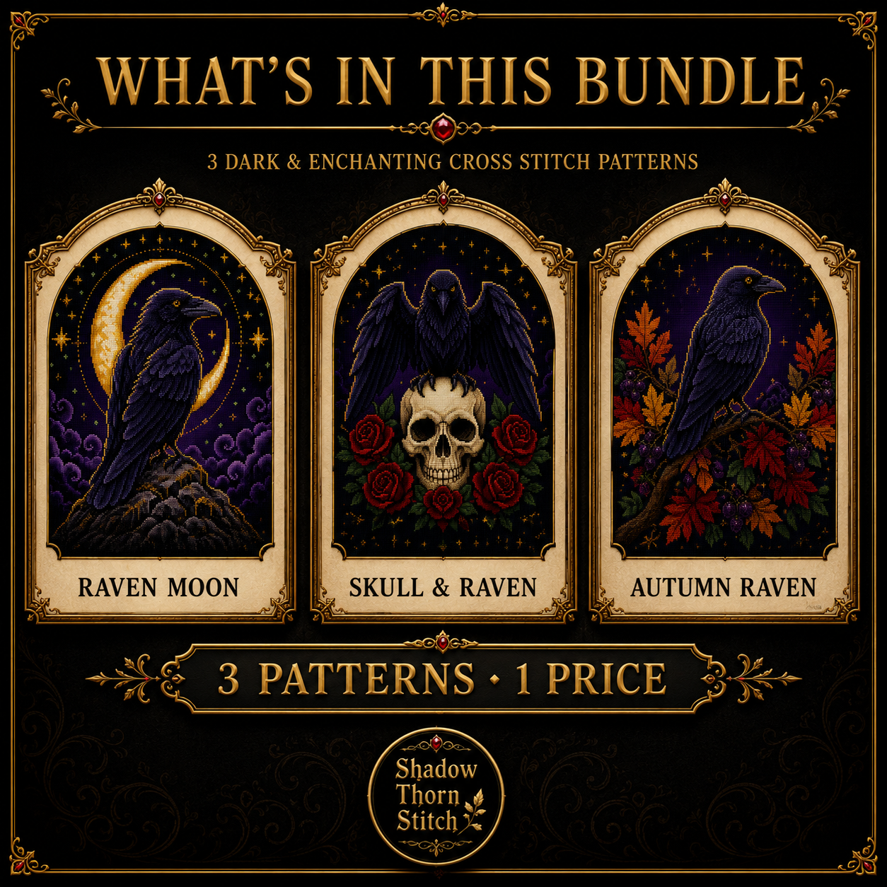 Gothic Raven cross stitch pattern bundle - 02-gothic-raven-cross-stitch-set