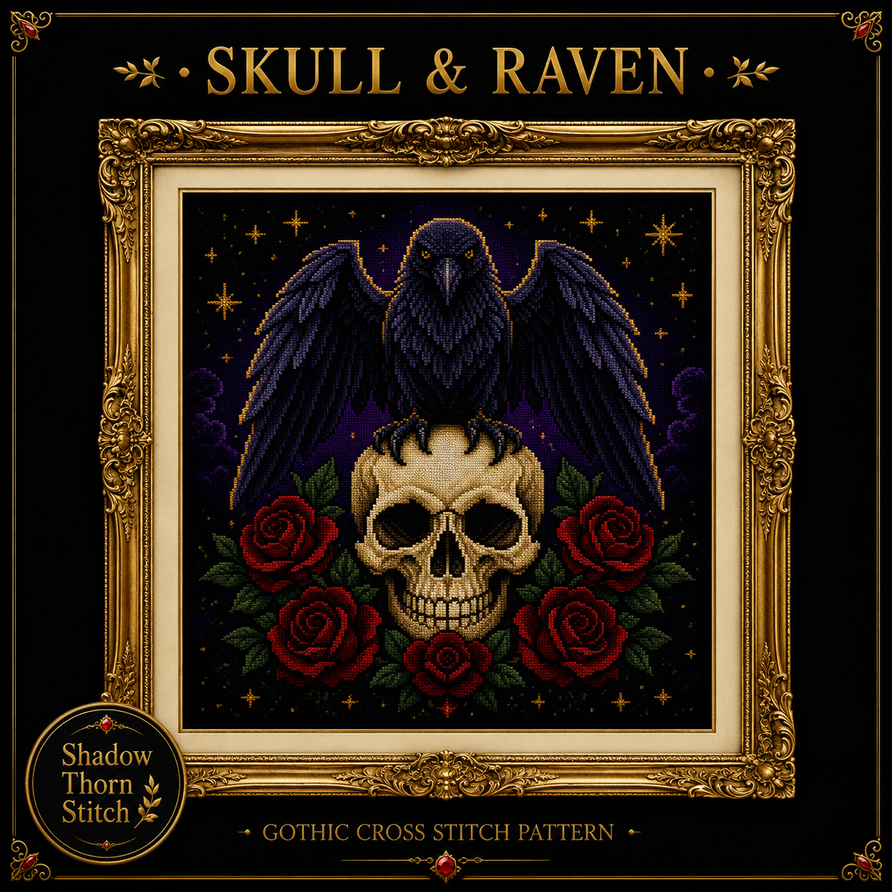 Gothic Raven cross stitch pattern bundle - 04-raven-skull-cross-stitch-pattern
