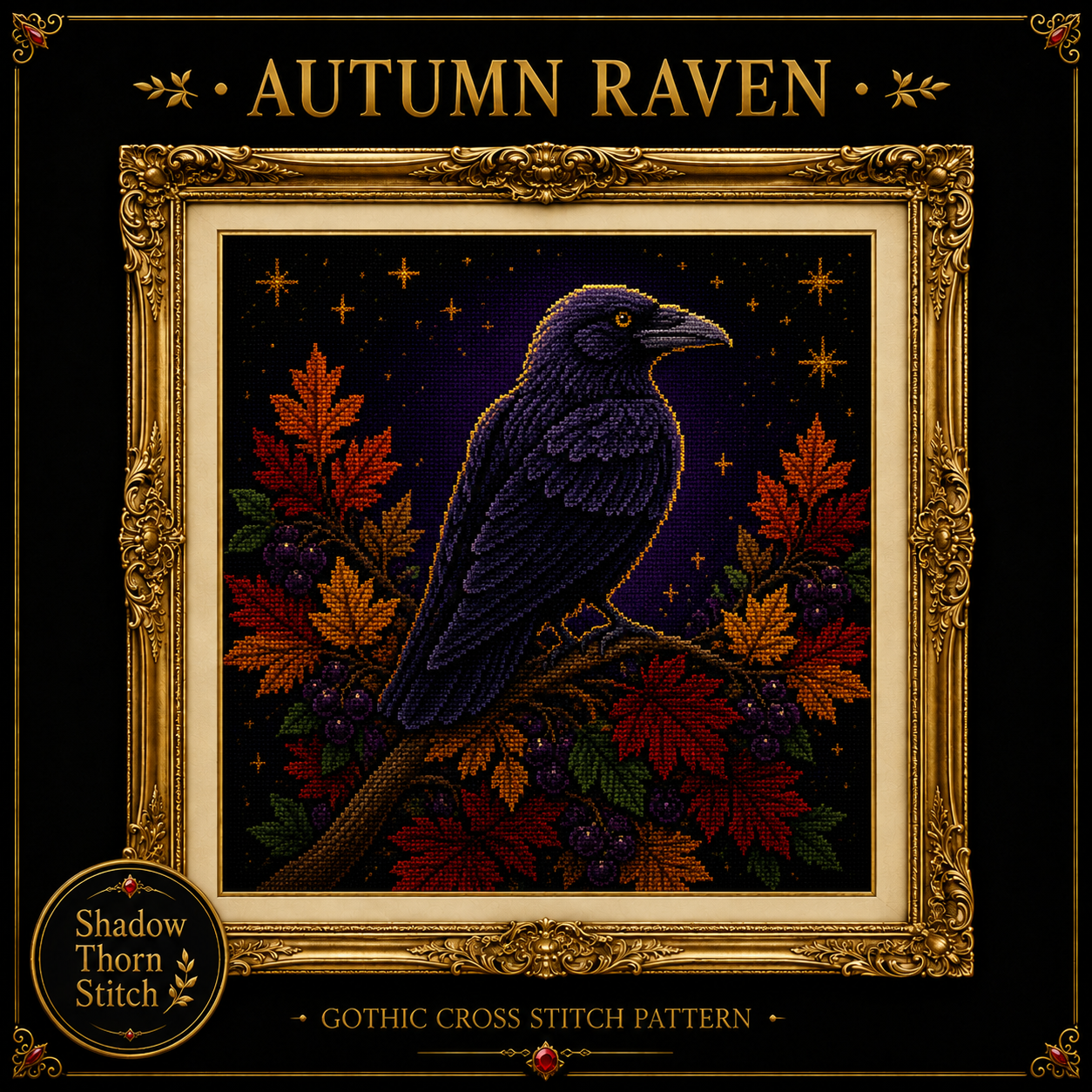 Gothic Raven cross stitch pattern bundle - 05-autumn-raven-cross-stitch-pattern
