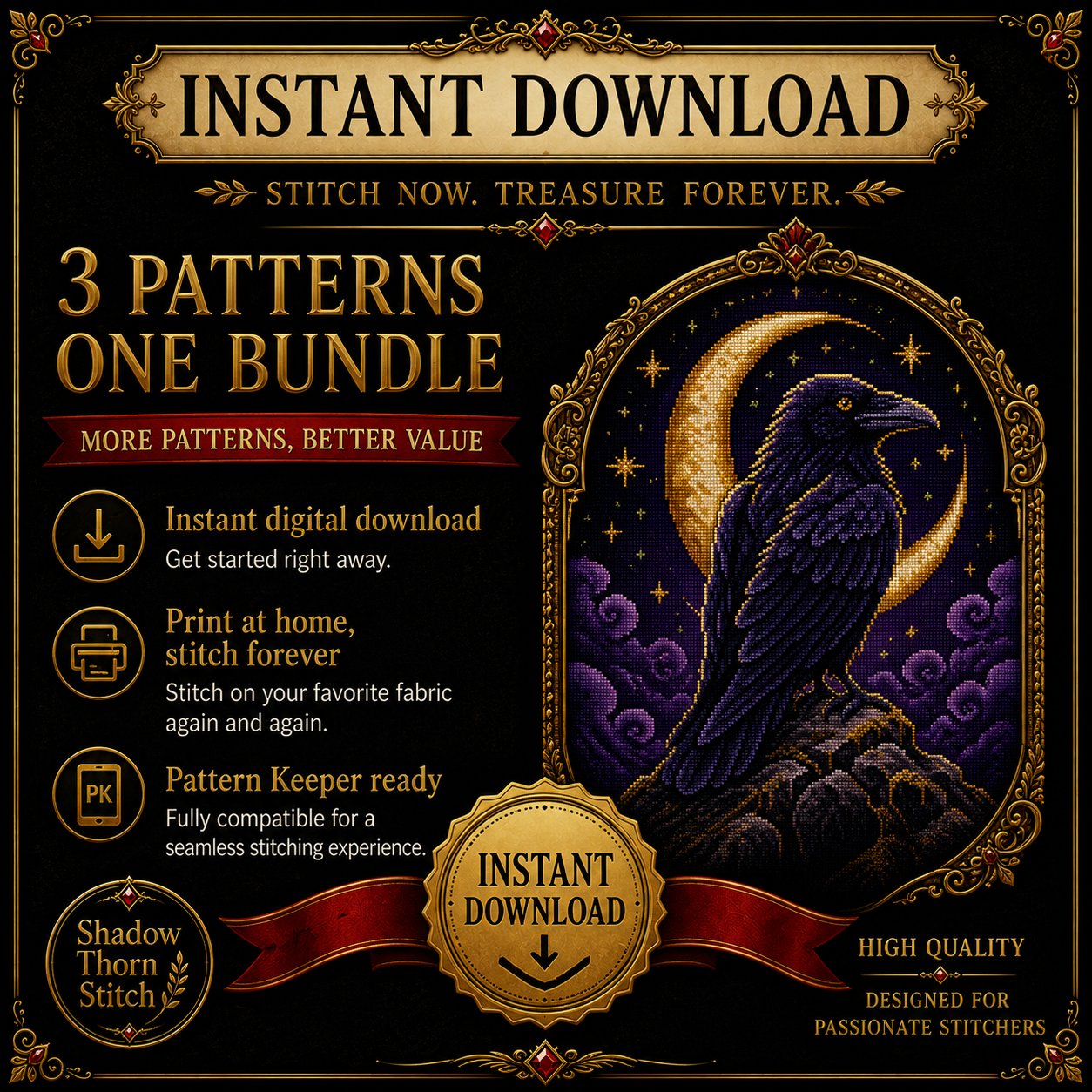 Gothic Raven cross stitch pattern bundle - 09-raven-cross-stitch-pattern-detail