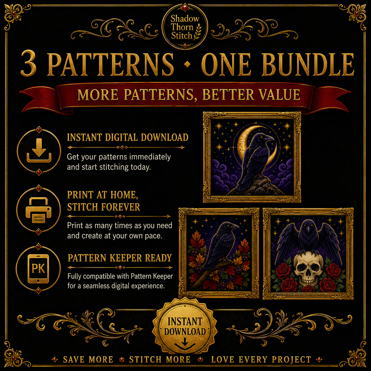 Gothic Raven cross stitch pattern bundle - 10-witchy-raven-cross-stitch-pack