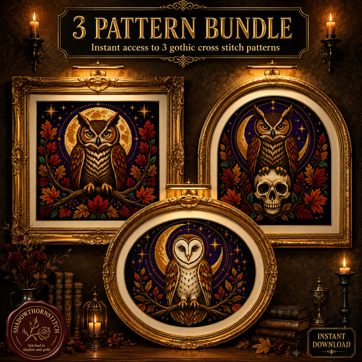 Gothic Owl cross stitch pattern bundle - 01-owl-cross-stitch-pattern-bundle