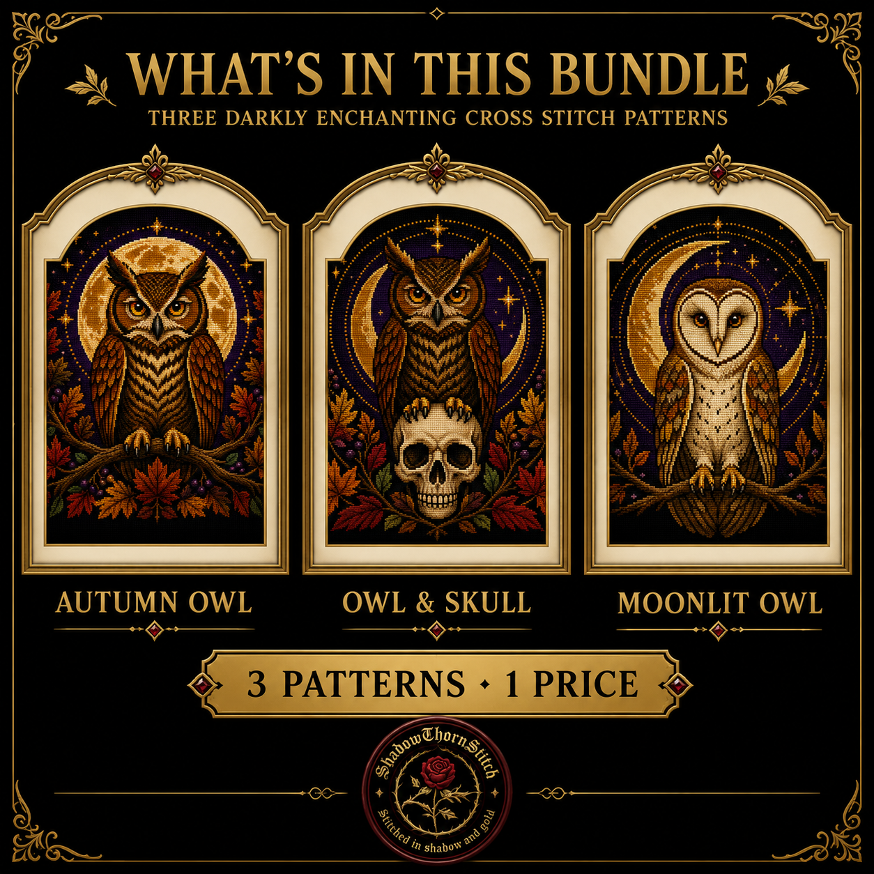 Gothic Owl cross stitch pattern bundle - 02-gothic-owl-cross-stitch-set