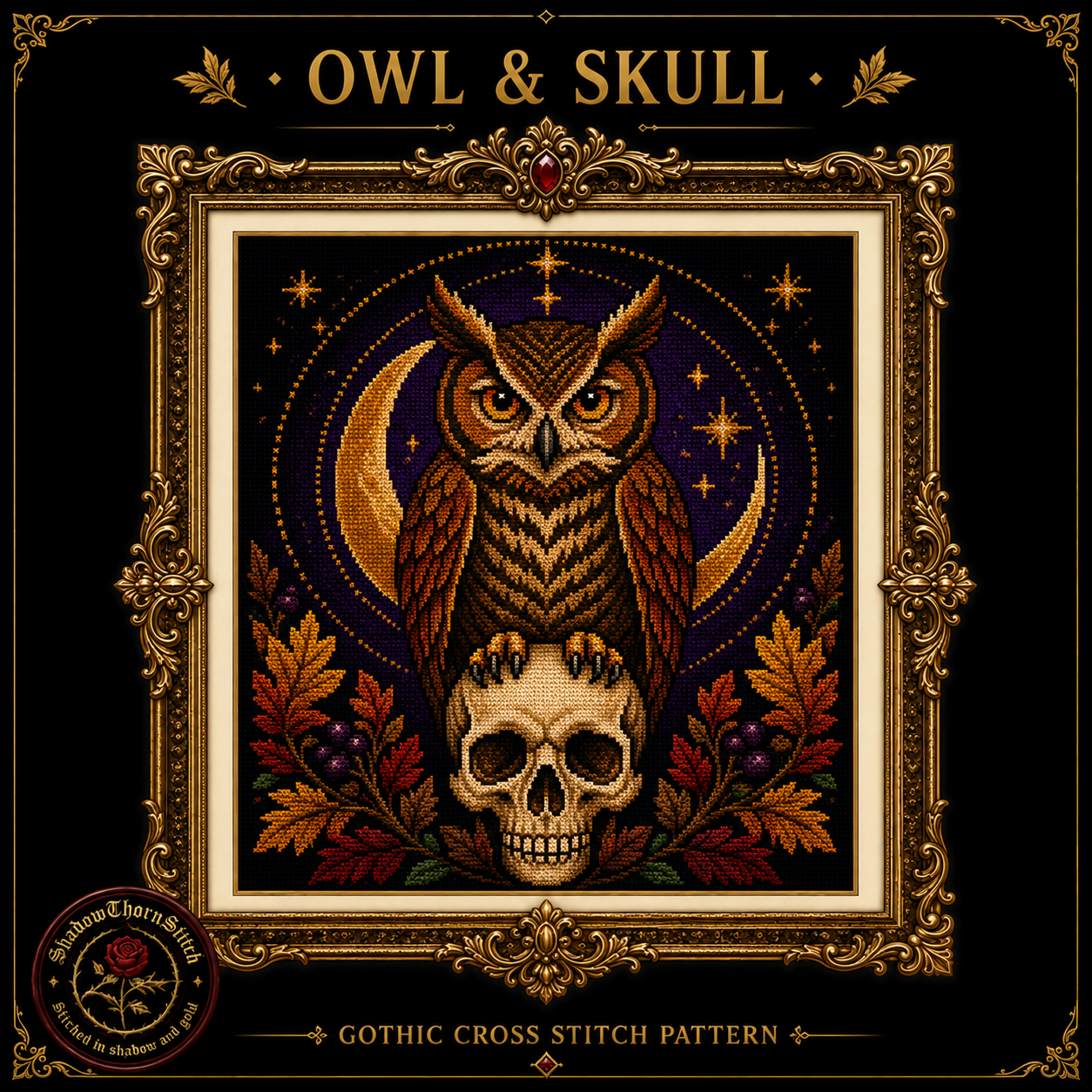 Gothic Owl cross stitch pattern bundle - 04-owl-skull-cross-stitch-pattern