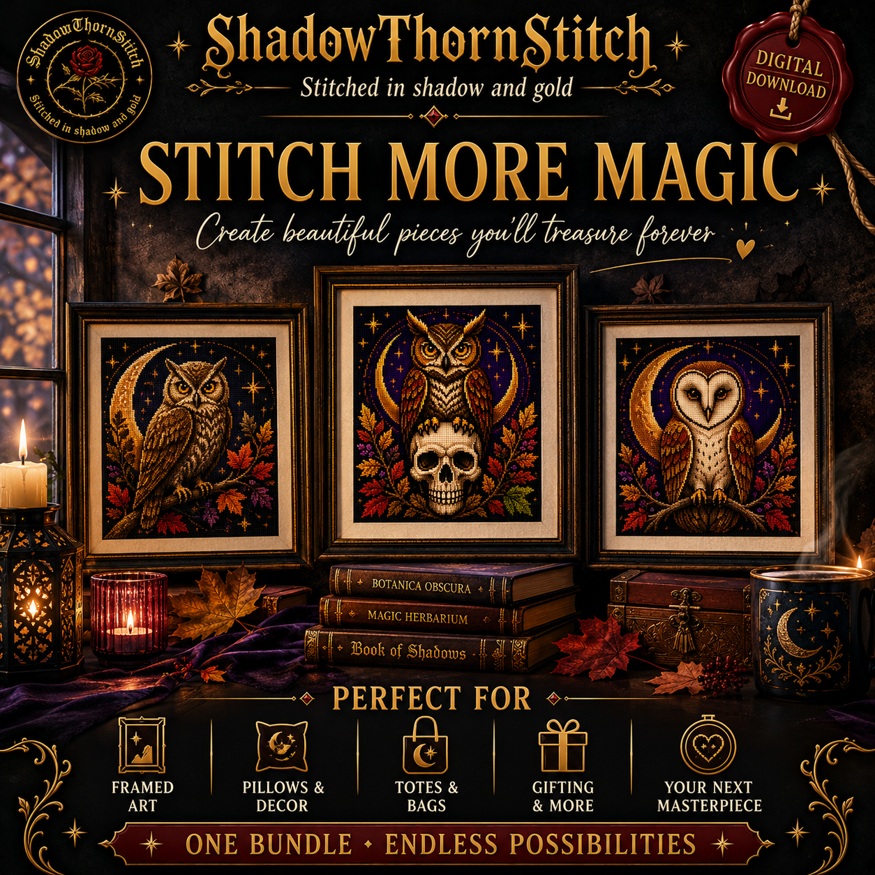 Gothic Owl cross stitch pattern bundle - 11-autumn-owl-cross-stitch-bundle
