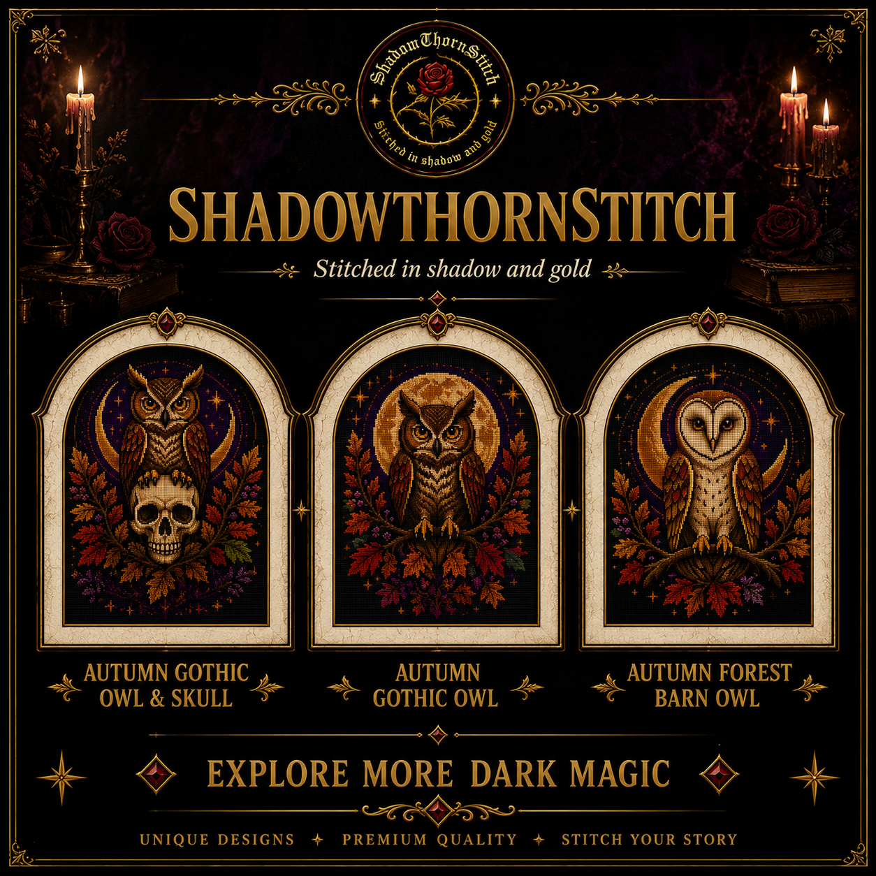 Gothic Owl cross stitch pattern bundle - 12-occult-owl-cross-stitch-collection