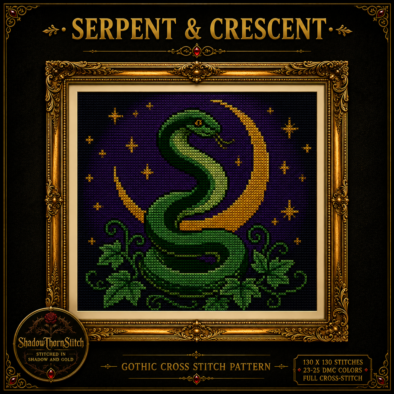 Gothic Snake cross stitch pattern bundle - 02-serpent-crescent-moon-cross-stitch