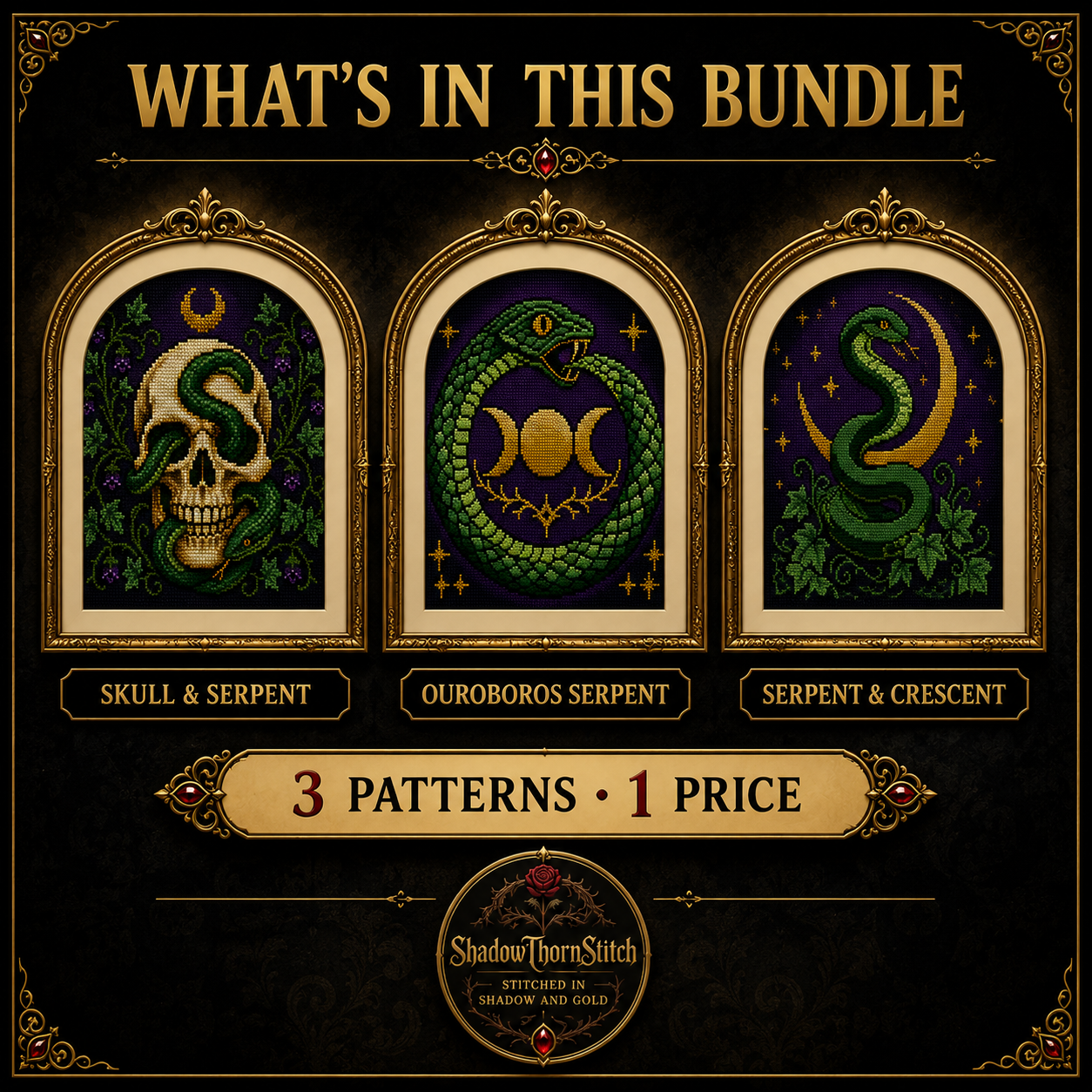 Gothic Snake cross stitch pattern bundle - 05-witchy-snake-cross-stitch-set