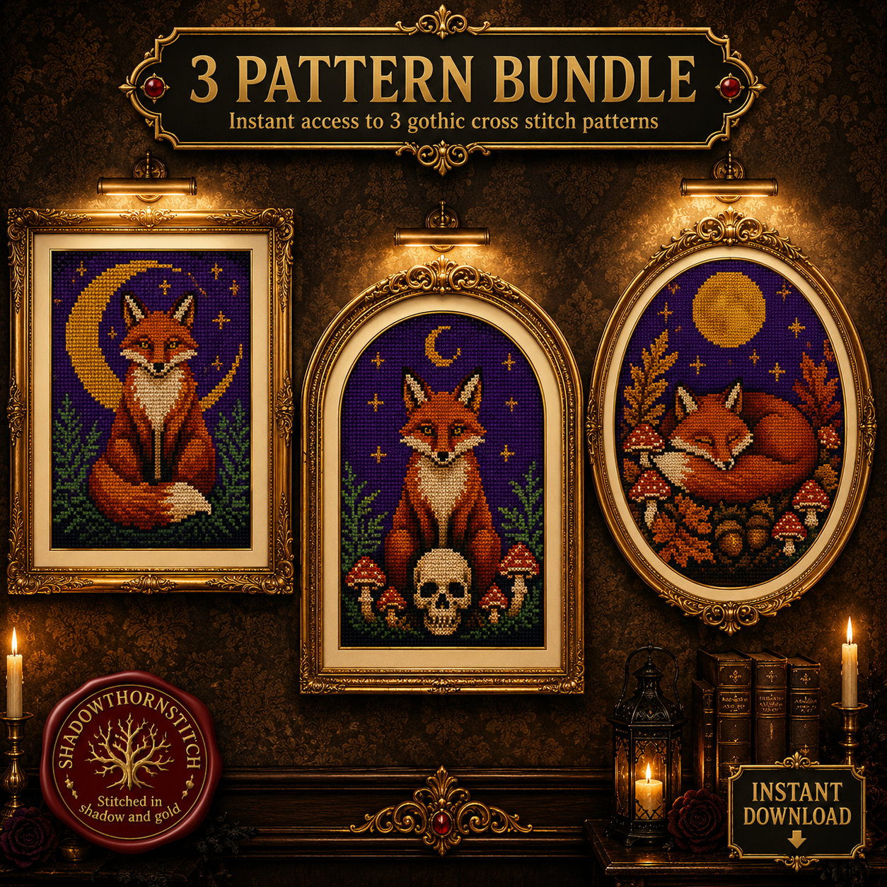 Gothic Fox cross stitch pattern bundle - 01-fox-cross-stitch-pattern-bundle