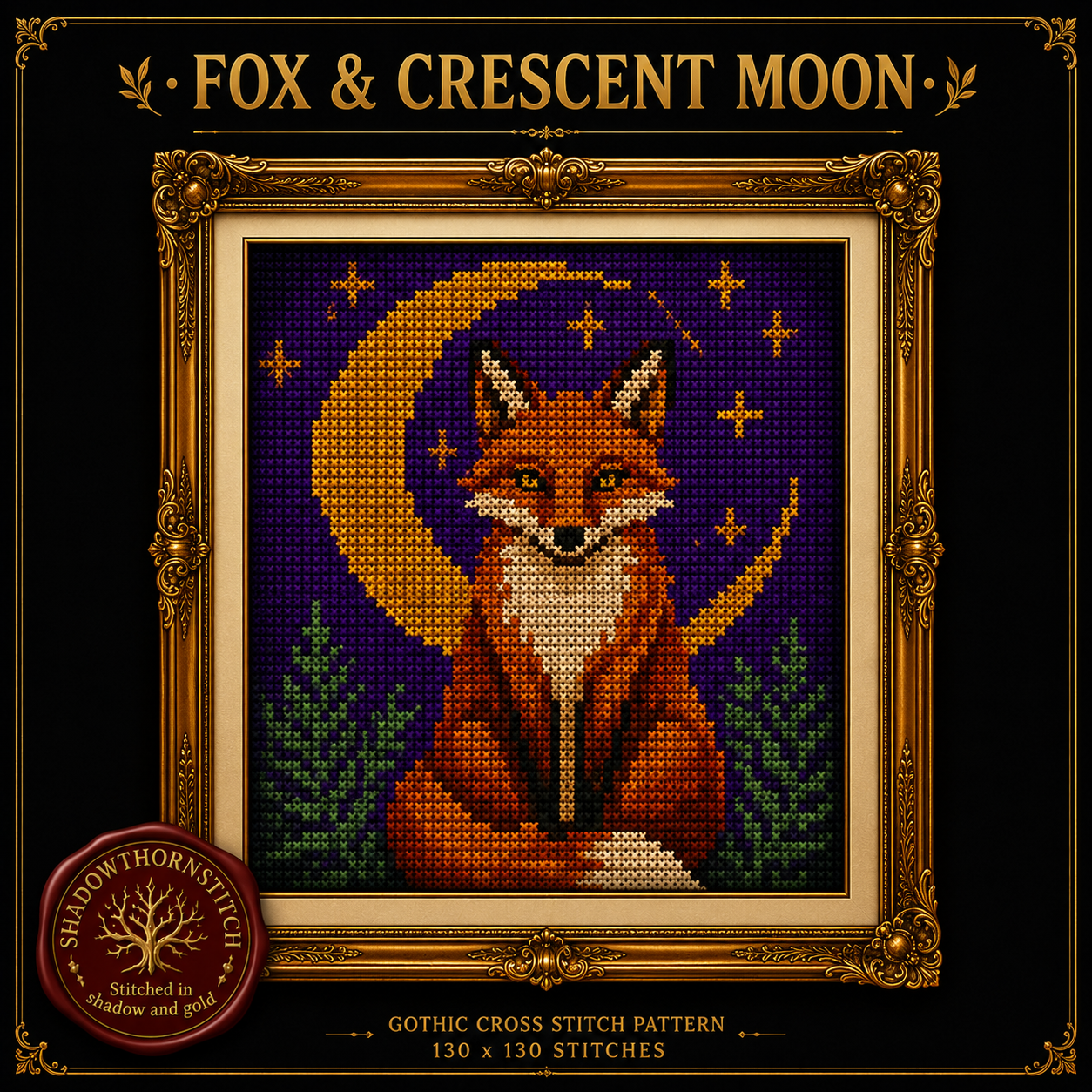 Gothic Fox cross stitch pattern bundle - 02-fox-crescent-moon-cross-stitch