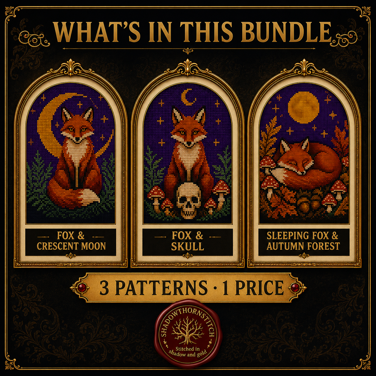 Gothic Fox cross stitch pattern bundle - 05-witchy-fox-cross-stitch-set