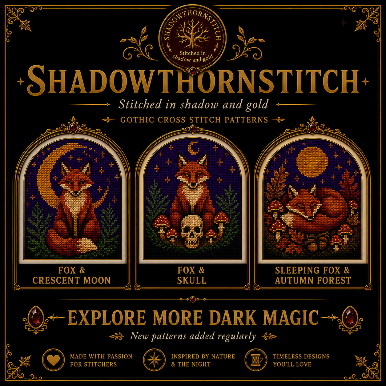 Gothic Fox cross stitch pattern bundle - 10-cottagecore-fox-cross-stitch