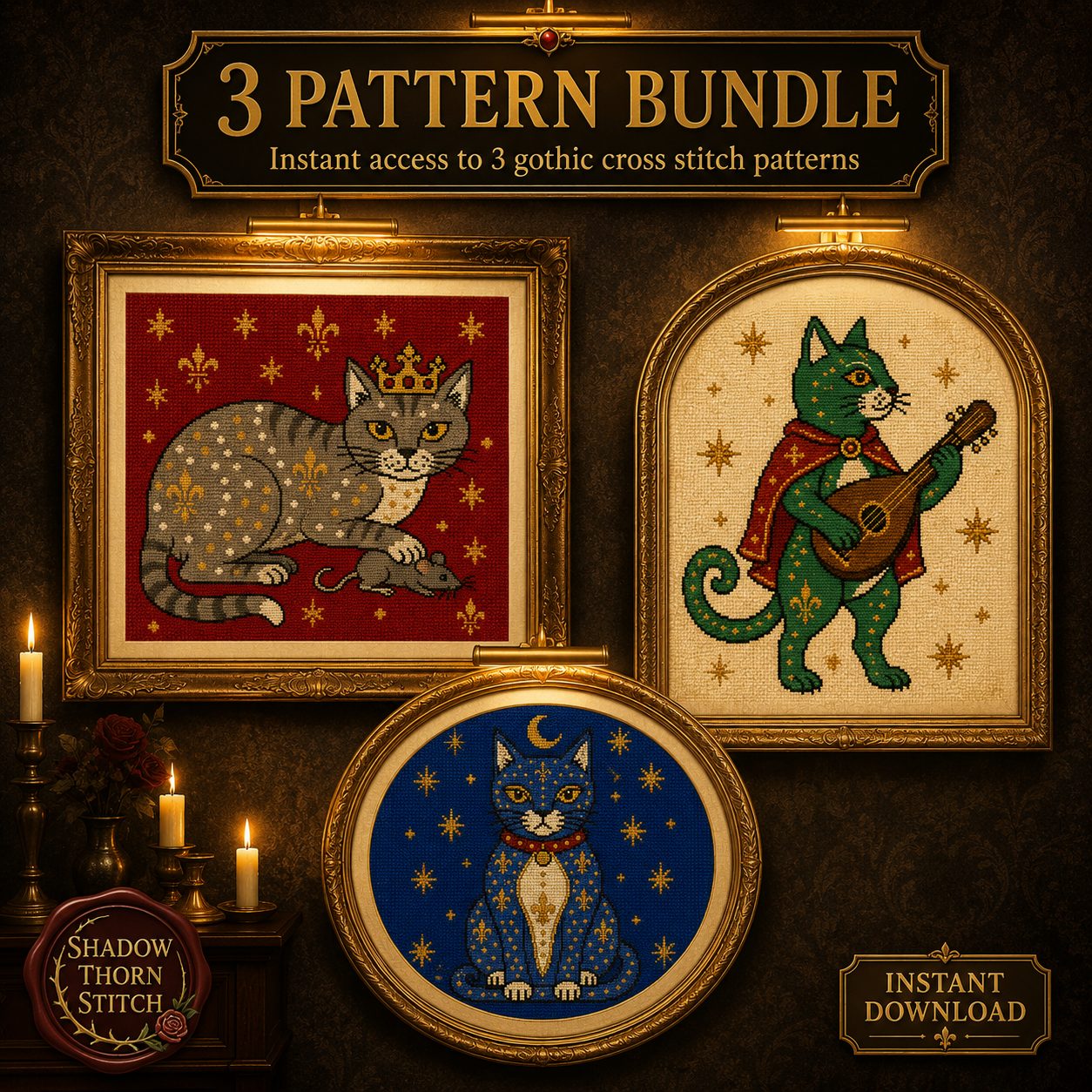 Medieval Cat cross stitch pattern bundle - 01-cat-cross-stitch-pattern-bundle