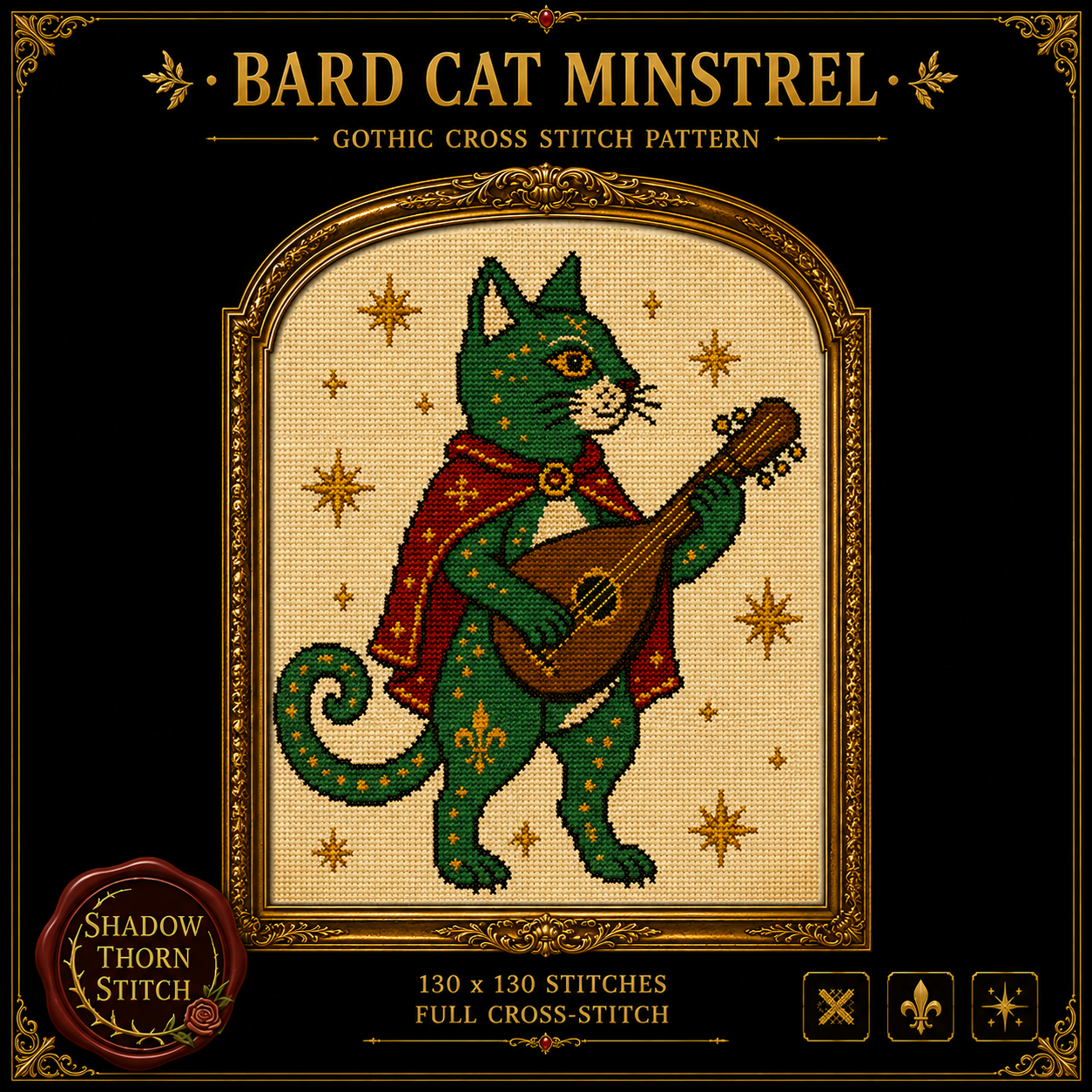 Medieval Cat cross stitch pattern bundle - 03-gothic-cat-cross-stitch-minstrel