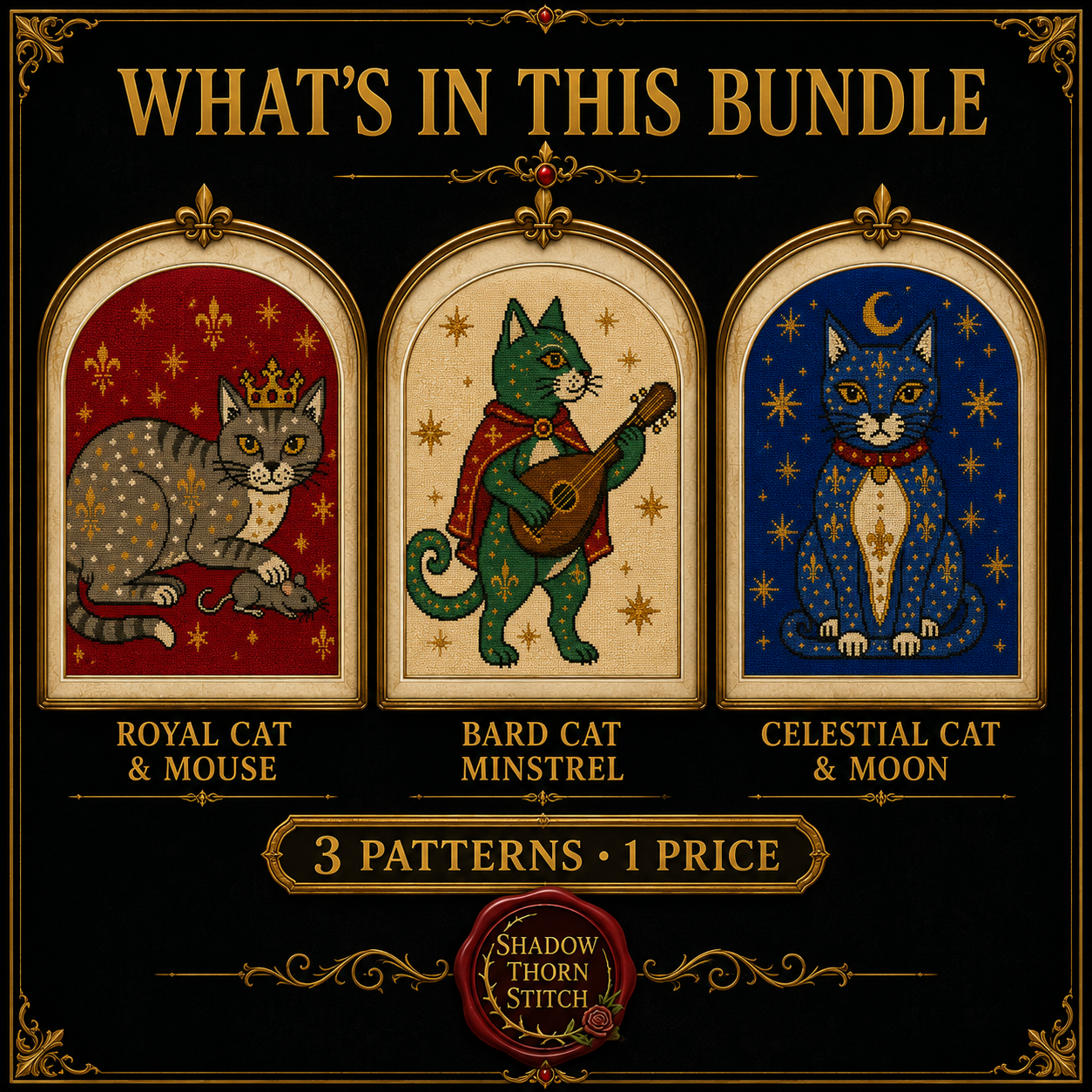 Medieval Cat cross stitch pattern bundle - 04-witchy-cat-cross-stitch-set
