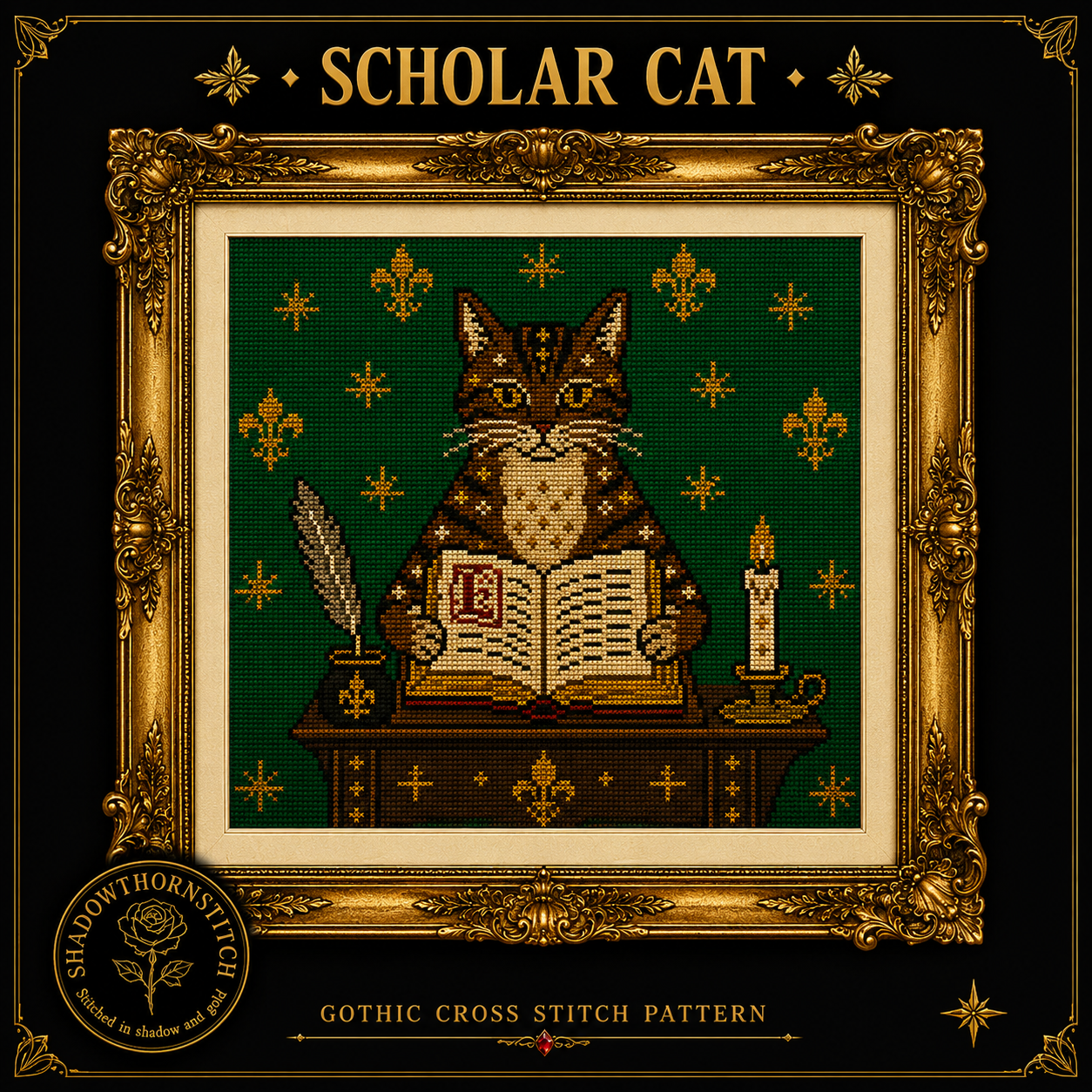 Medieval Cat cross stitch pattern bundle - 02-dark-academia-cat-cross-stitch