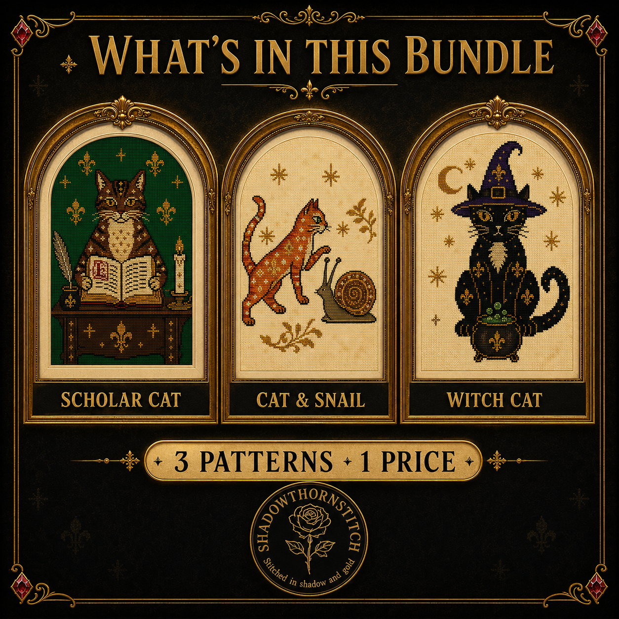 Medieval Cat cross stitch pattern bundle - 04-witchy-cat-cross-stitch-set