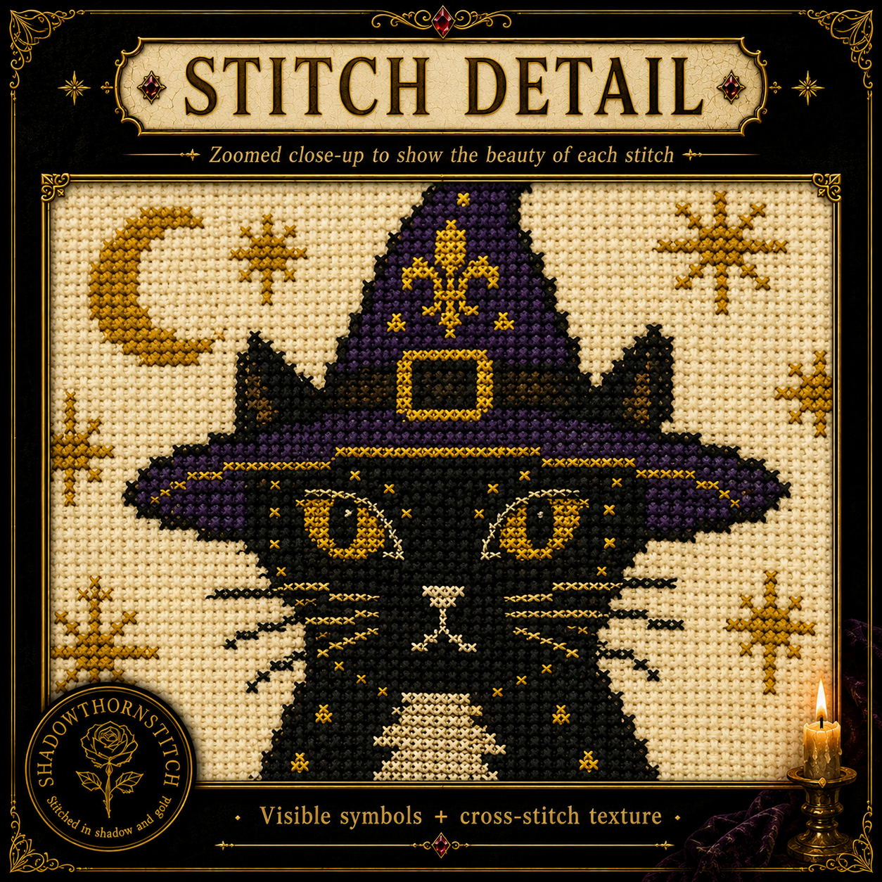 Medieval Cat cross stitch pattern bundle - 05-black-cat-cross-stitch-detail