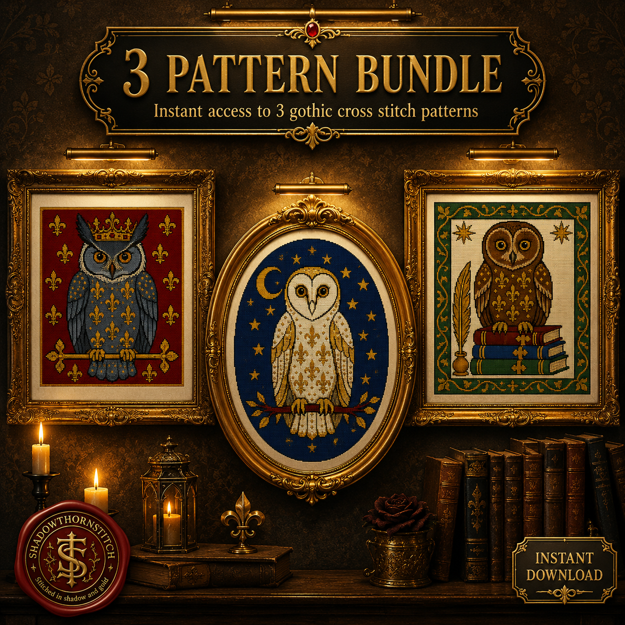 Medieval Owl cross stitch pattern bundle - 01-owl-cross-stitch-pattern-bundle
