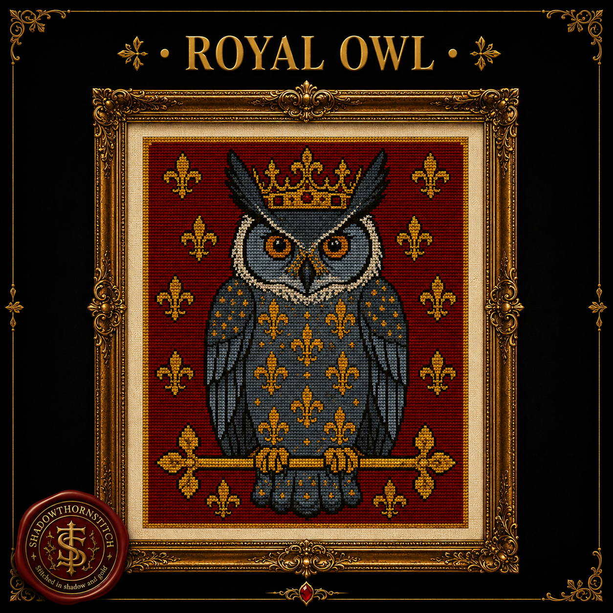 Medieval Owl cross stitch pattern bundle - 04-royal-owl-cross-stitch-pattern