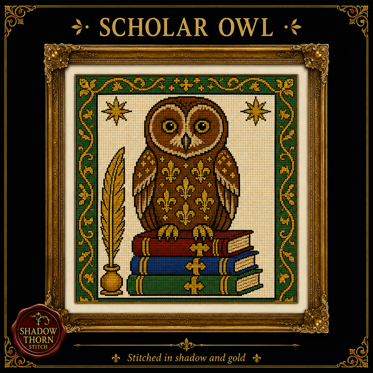 Medieval Owl cross stitch pattern bundle - 05-scholar-owl-cross-stitch-pattern