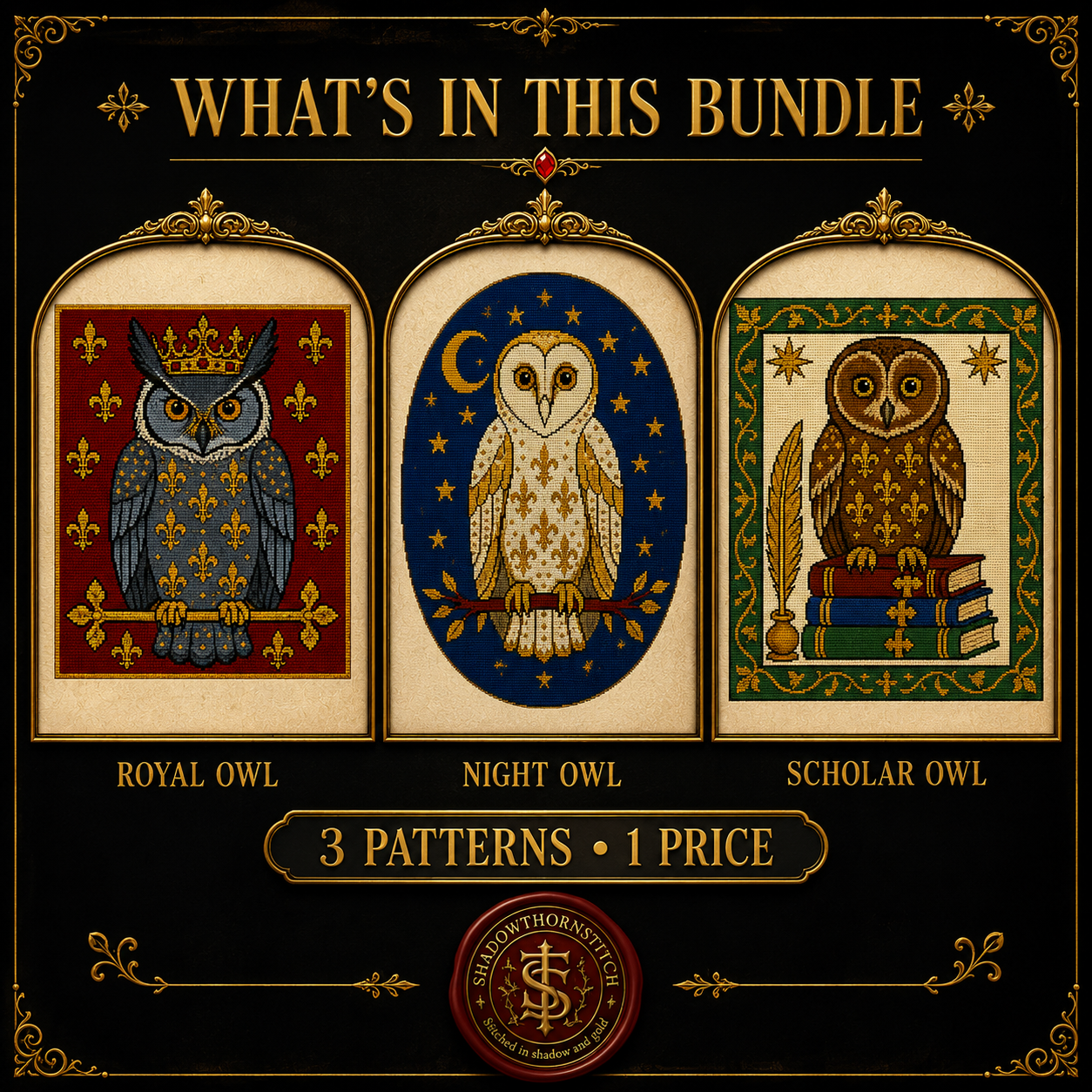 Medieval Owl cross stitch pattern bundle - 06-gothic-owl-cross-stitch-set