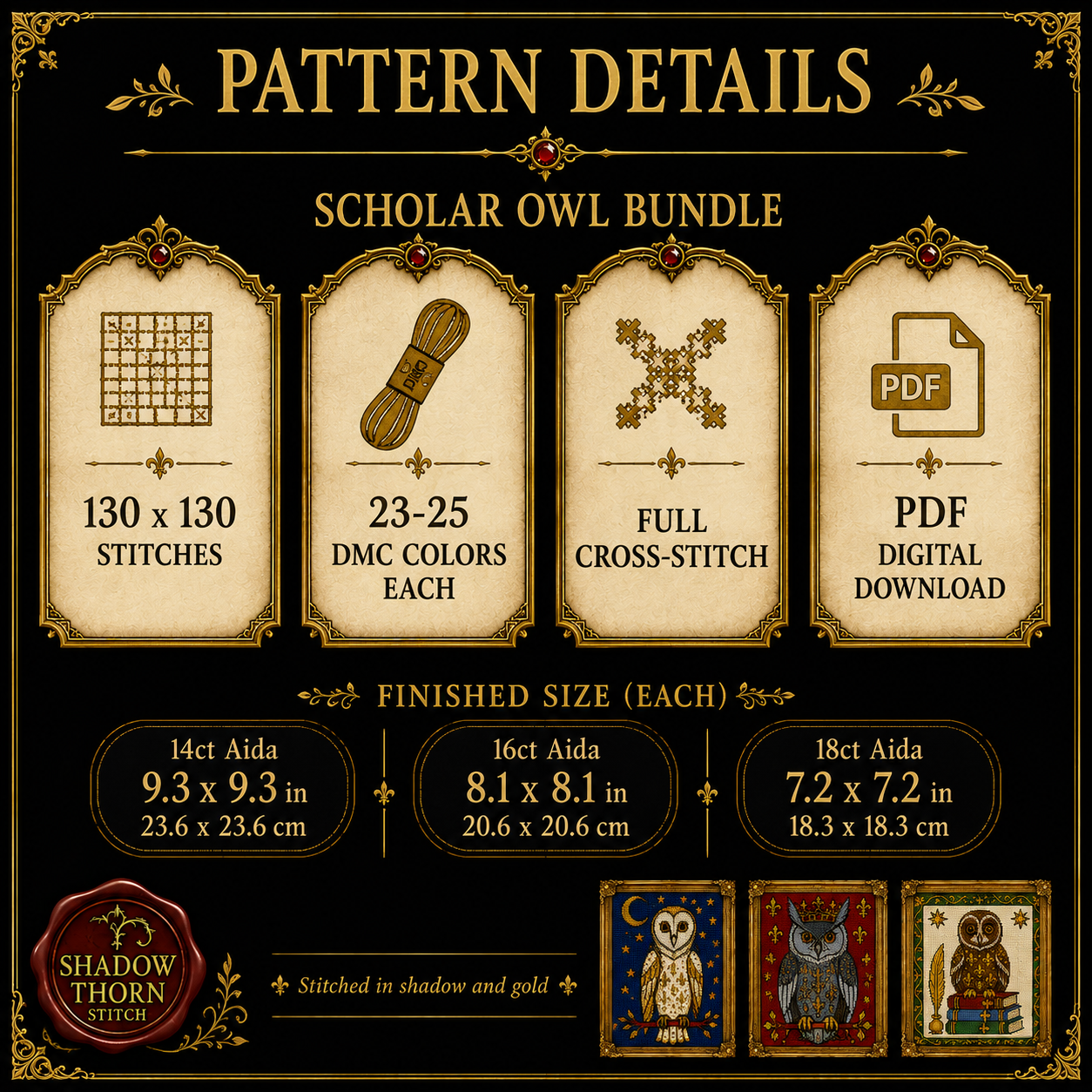 Medieval Owl cross stitch pattern bundle - 09-owl-cross-stitch-pattern-details
