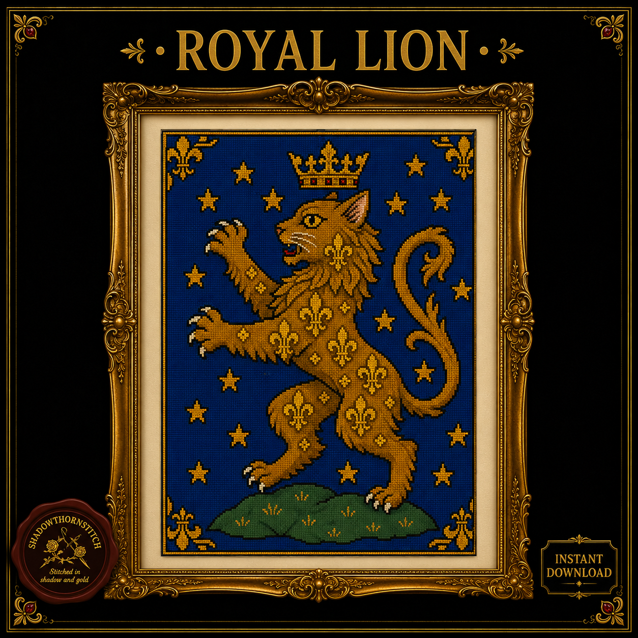Medieval Cat cross stitch pattern bundle - 05-heraldic-lion-cat-cross-stitch