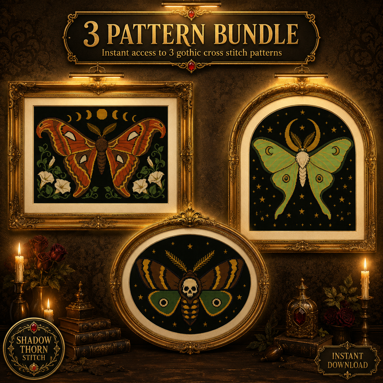 Gothic Moth cross stitch pattern bundle - 01-moth-cross-stitch-pattern-bundle