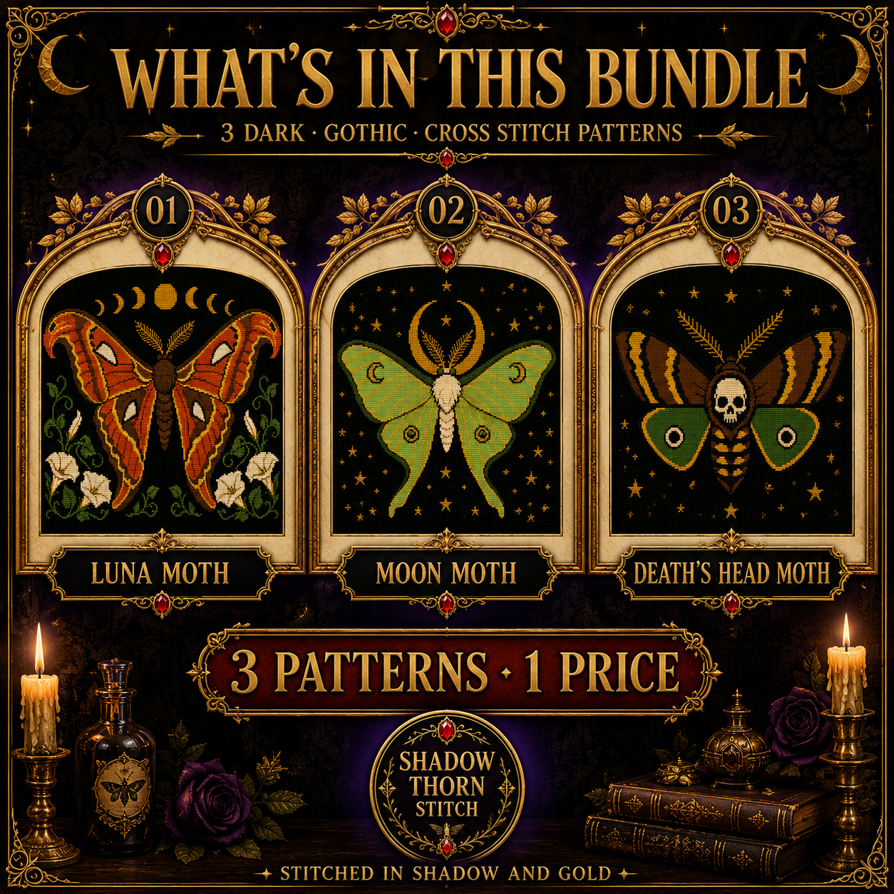 Gothic Moth cross stitch pattern bundle - 02-gothic-moth-cross-stitch-set
