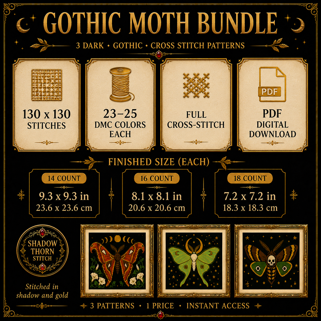 Gothic Moth cross stitch pattern bundle - 06-moth-cross-stitch-pattern-details
