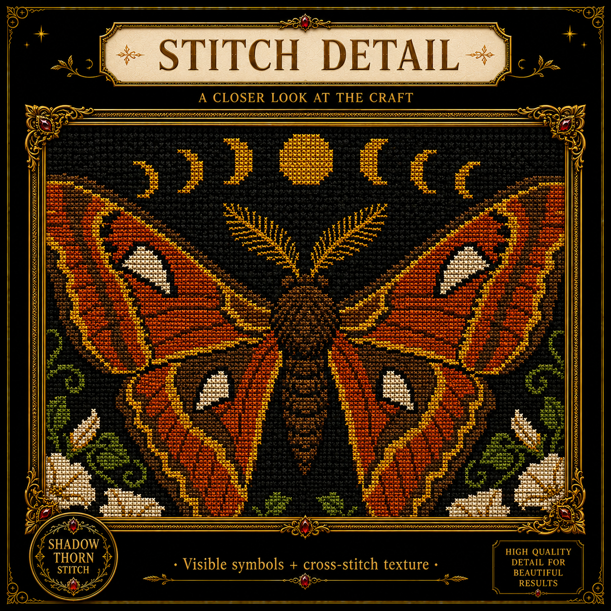 Gothic Moth cross stitch pattern bundle - 08-moth-cross-stitch-stitch-detail
