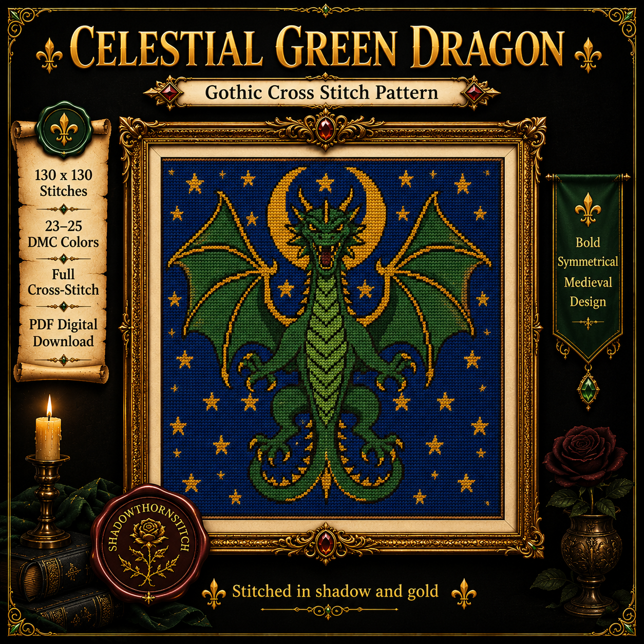 Medieval Dragon cross stitch pattern bundle - 04-celestial-dragon-cross-stitch