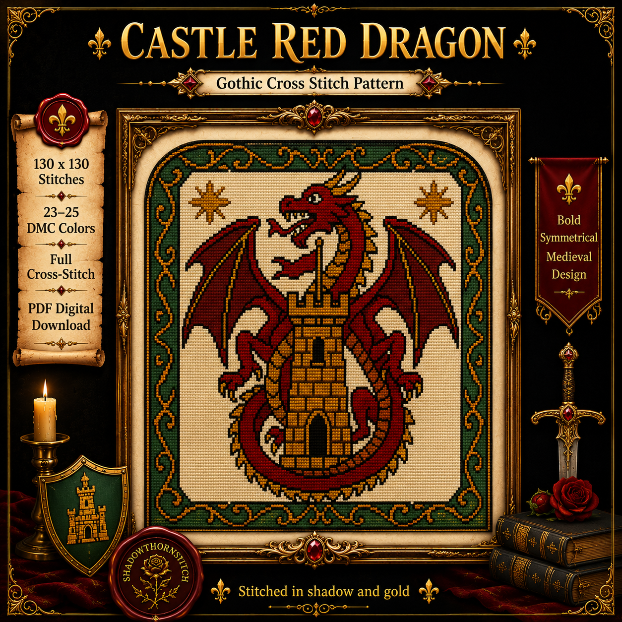 Medieval Dragon cross stitch pattern bundle - 05-gothic-dragon-cross-stitch