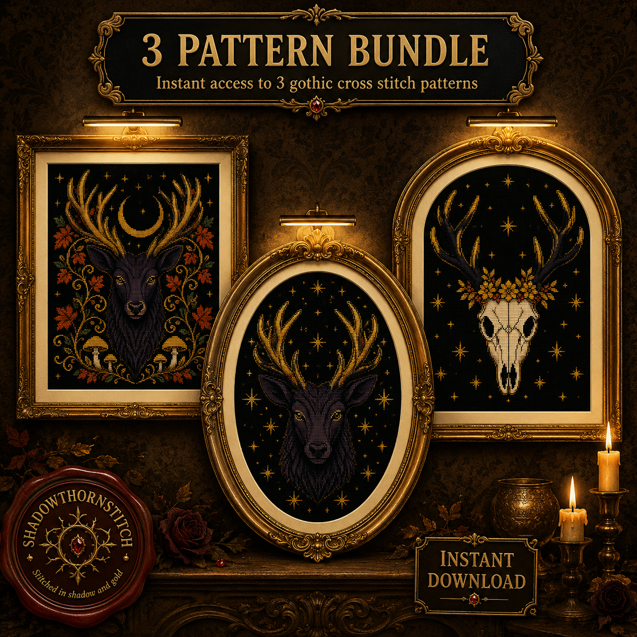 Gothic Stag cross stitch pattern bundle - 01-stag-cross-stitch-pattern-bundle