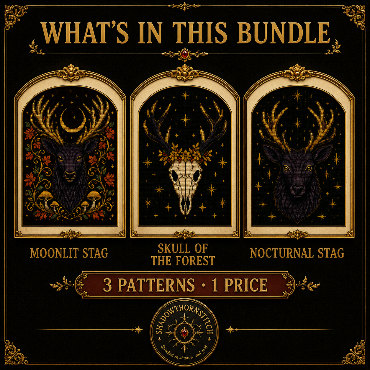 Gothic Stag cross stitch pattern bundle - 02-gothic-stag-cross-stitch-set