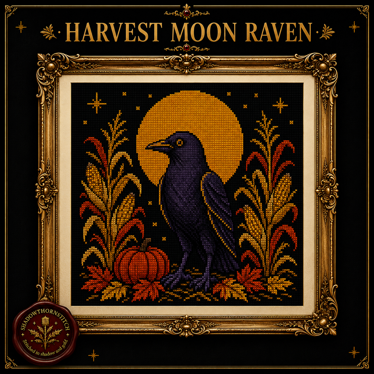 Gothic Crow cross stitch pattern bundle - 03-fall-crow-cross-stitch-pumpkin