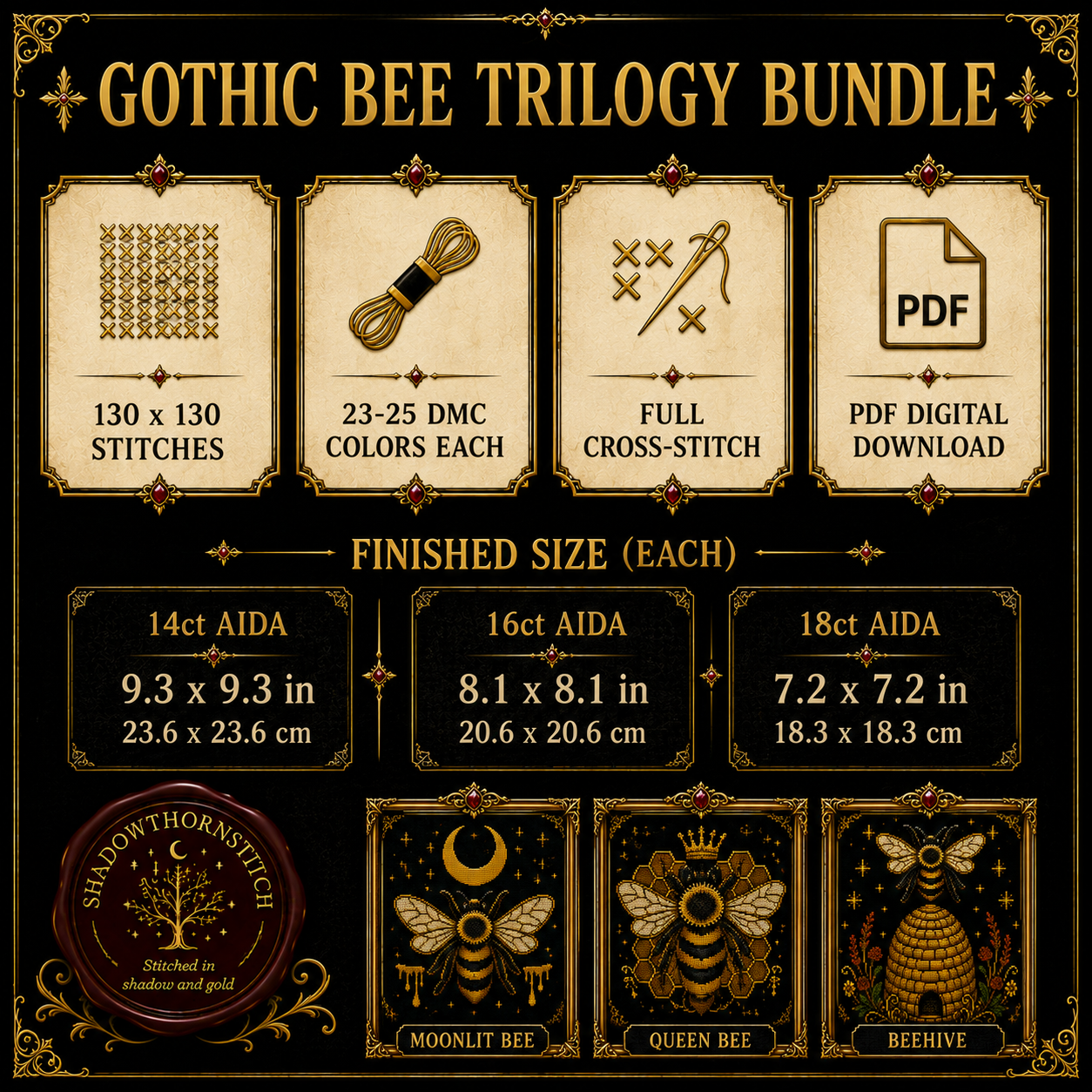 Gothic Bee cross stitch pattern bundle - 06-cottagecore-cross-stitch-bee