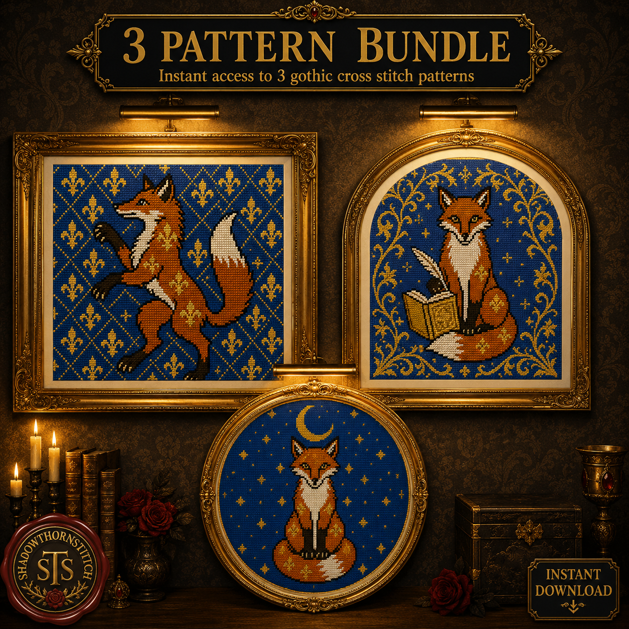 Medieval Fox cross stitch pattern bundle - 01-fox-cross-stitch-pattern-bundle