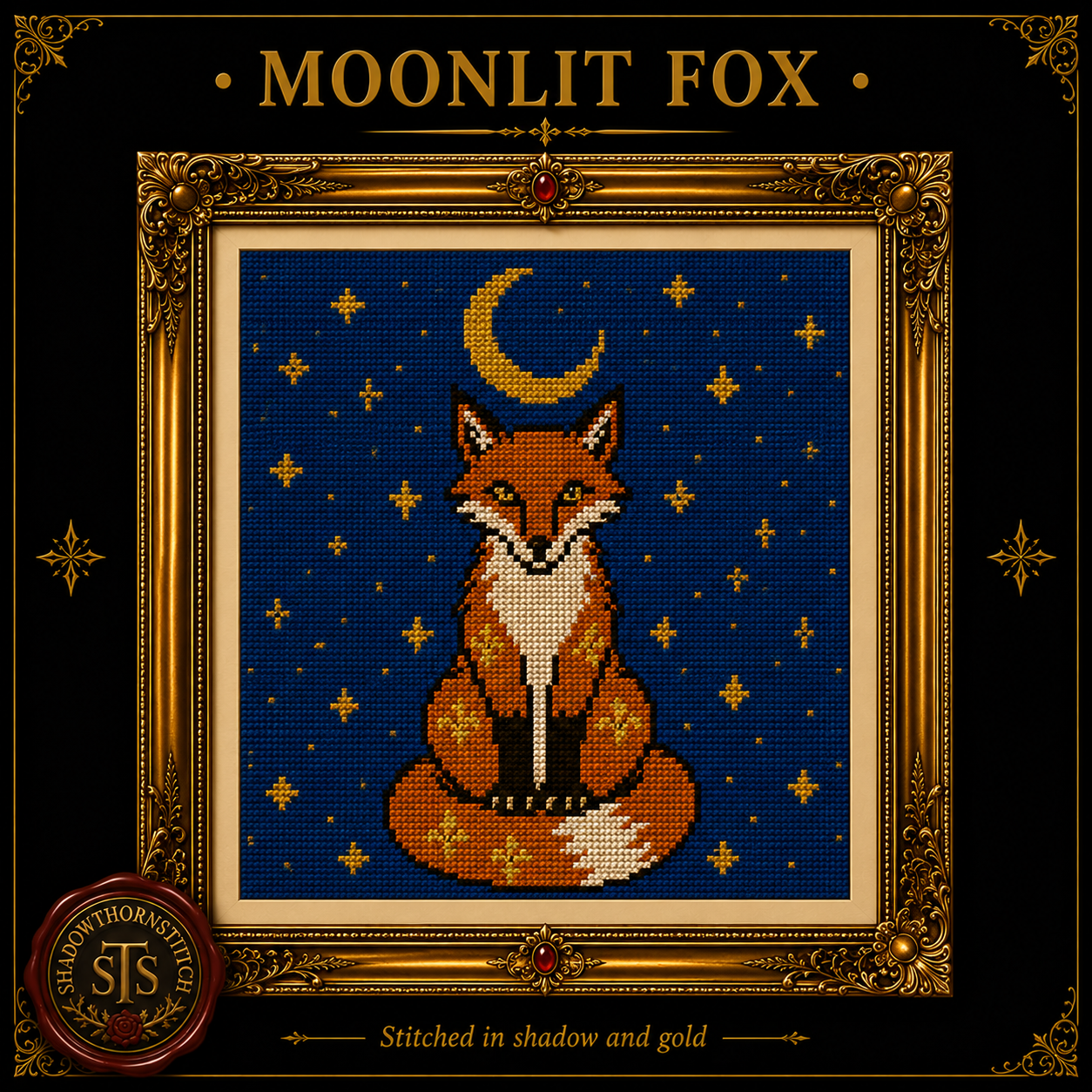 Medieval Fox cross stitch pattern bundle - 05-moon-fox-cross-stitch