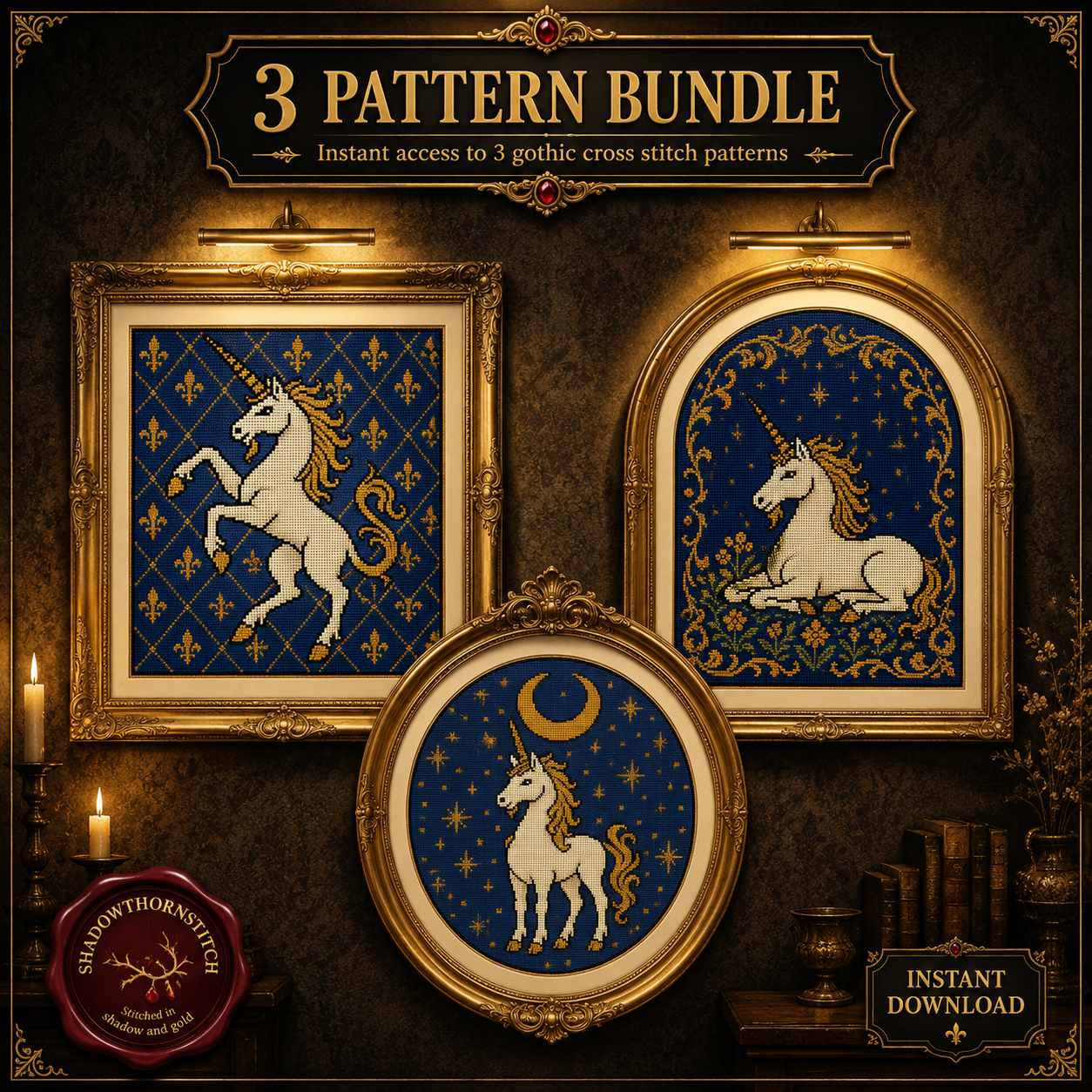 Medieval Unicorn cross stitch pattern bundle - 01-unicorn-cross-stitch-pattern-bundle