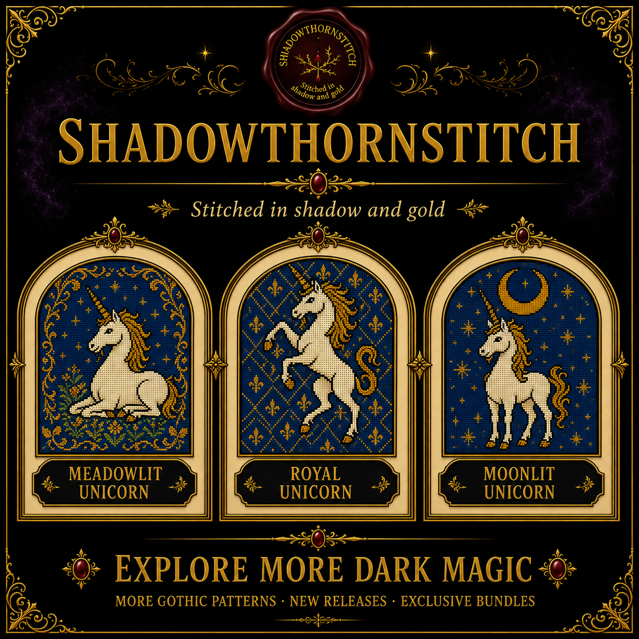 Medieval Unicorn cross stitch pattern bundle - 10-moon-unicorn-cross-stitch